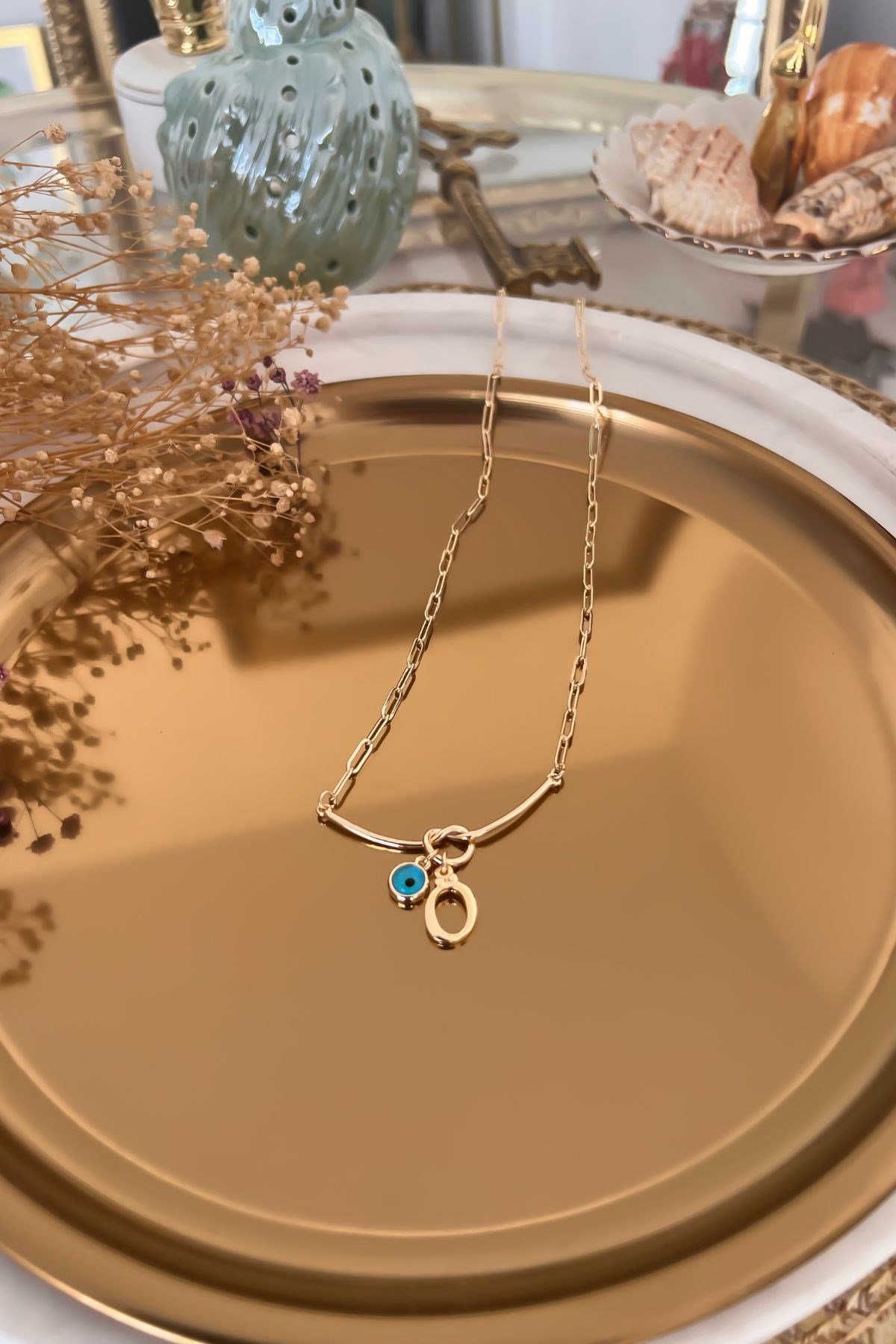 Ö Harfli ve Nazar Sallantılı Düğüm Kolye Gold