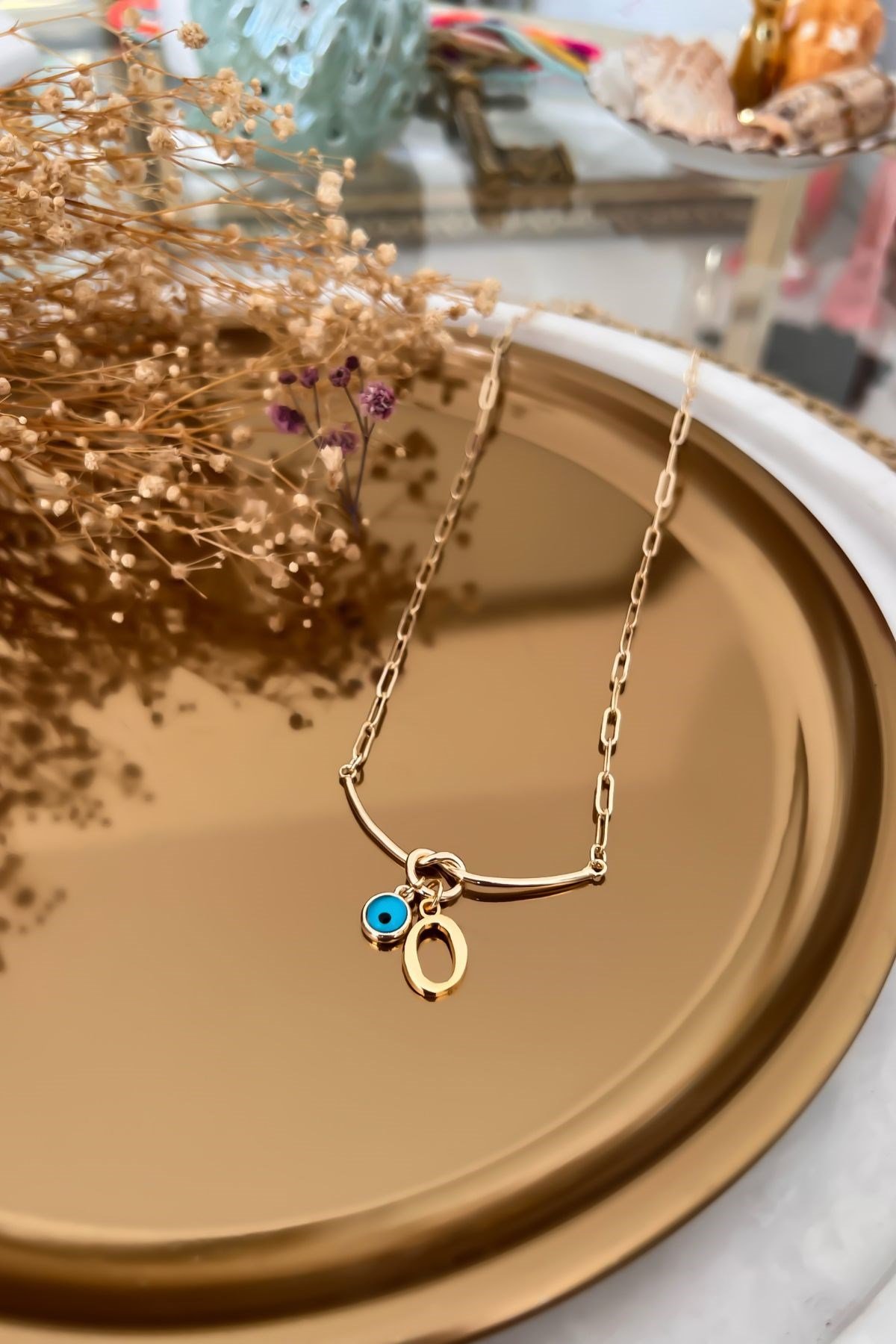 O Harfli ve Nazar Sallantılı Düğüm Kolye Gold