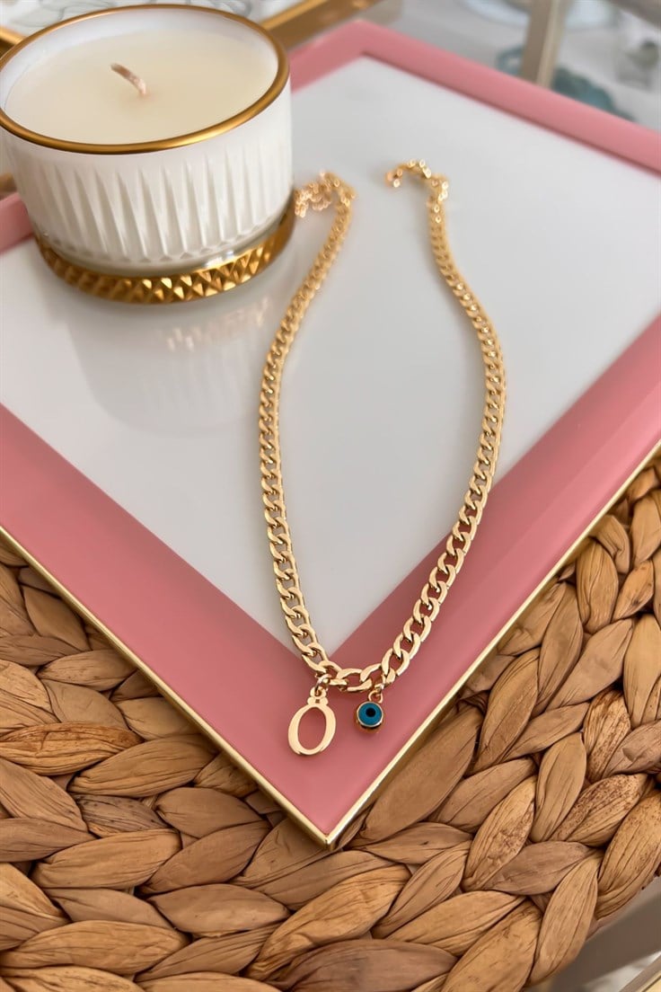 Ö Harfli ve Nazar Sallantılı İnce Nostalji Zincirli Kolye Gold