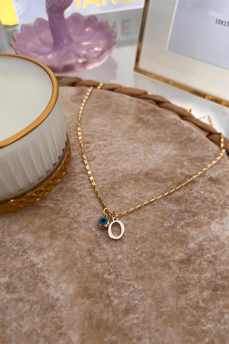 O Harfli ve Nazar Sallantılı İnce Zincirli Kolye Gold