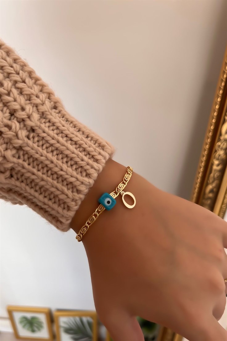 O Harfli ve Nostalji Boncuklu Ezme Zincir Bileklik Gold