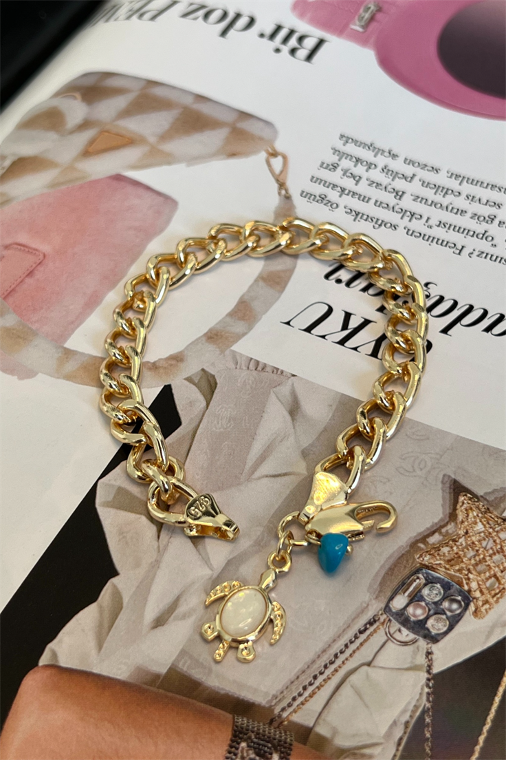 Opal Taşlı Kaplumbağa Model Önden Kilitli Bileklik Gold