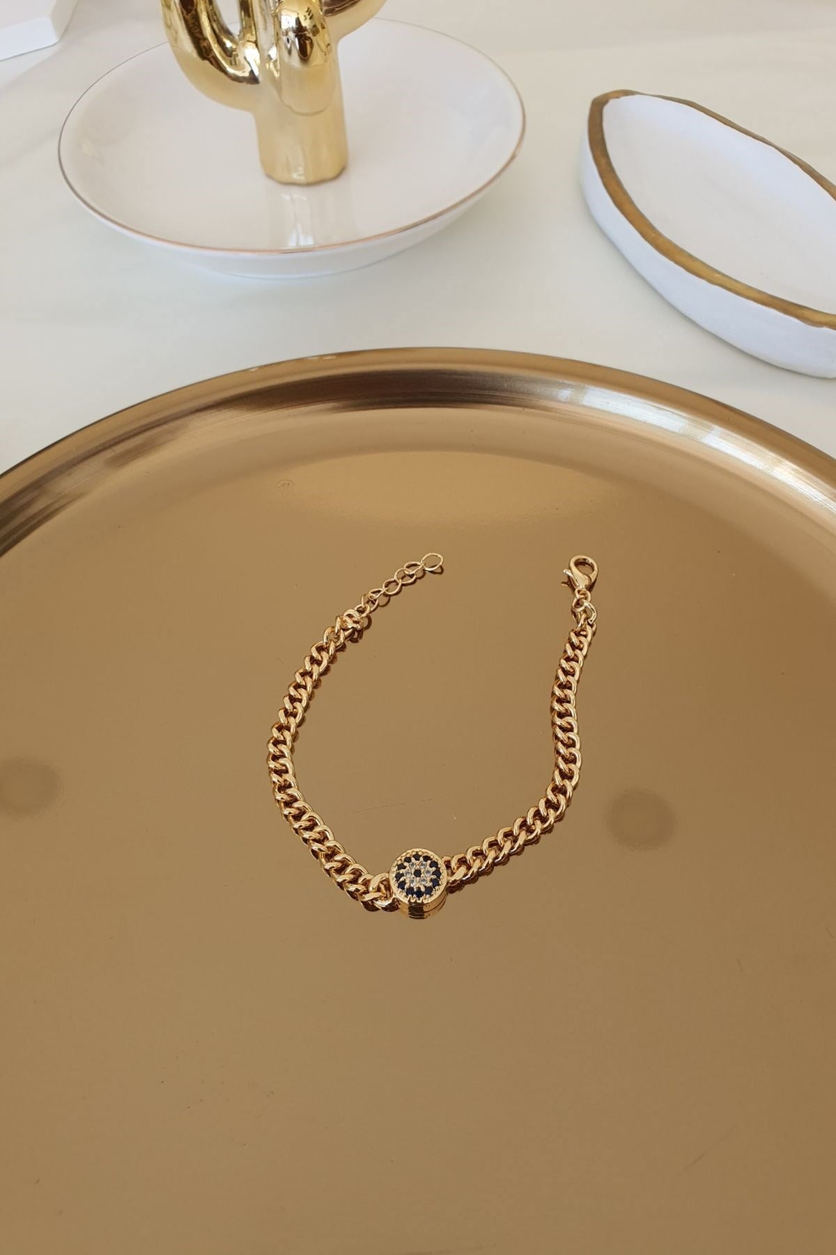Ortası Nazar Model Düz Zincir Bileklik Gold