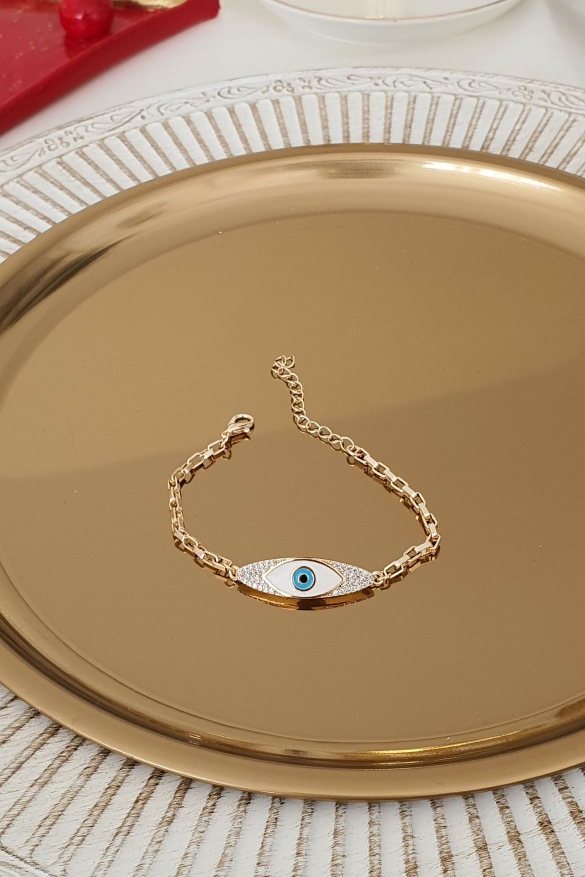 Oval Mineli Göz Model Zincir Bileklik Gold