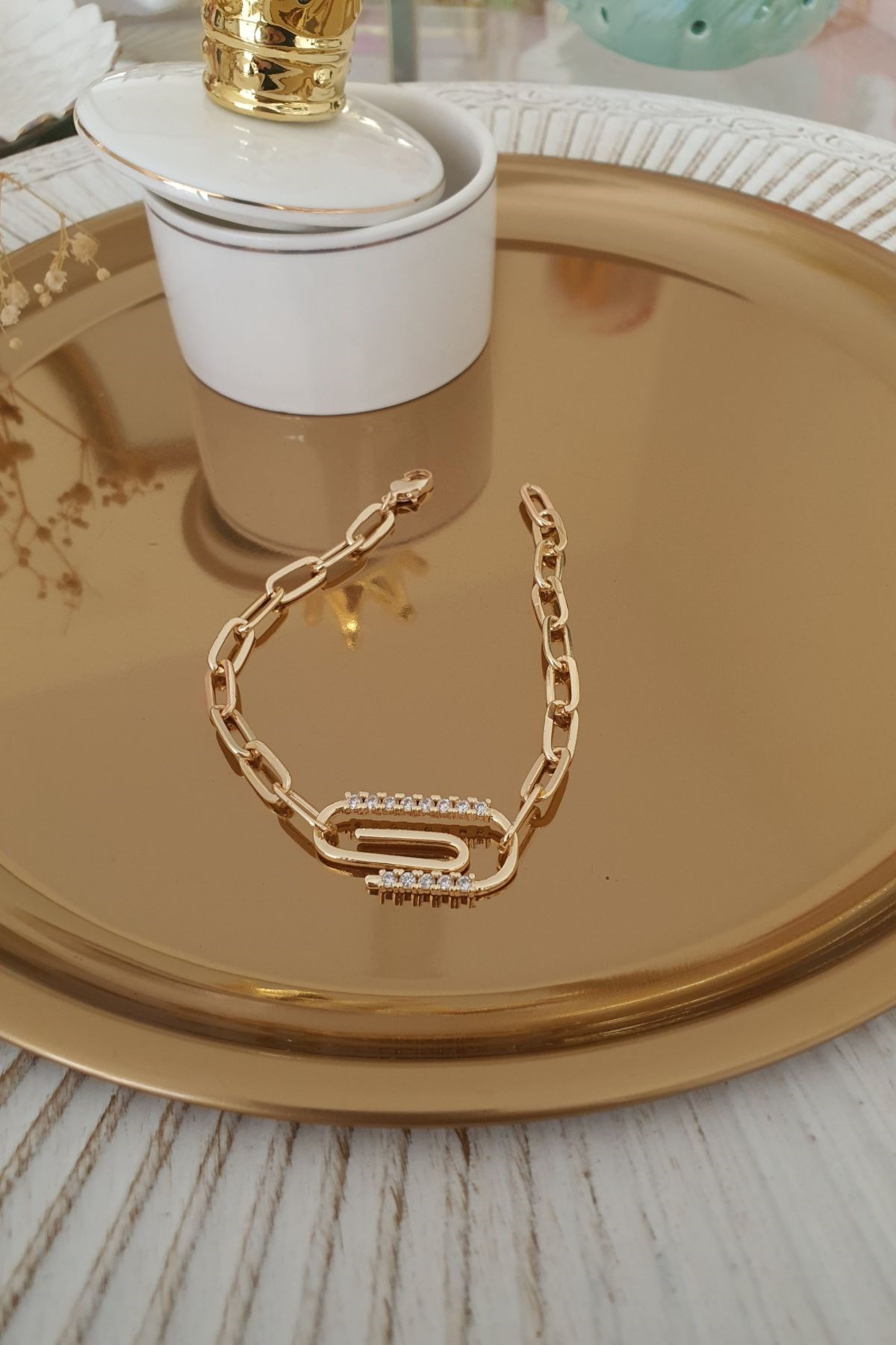 Oval Zirkon Taş Model Zincir Künye Gold