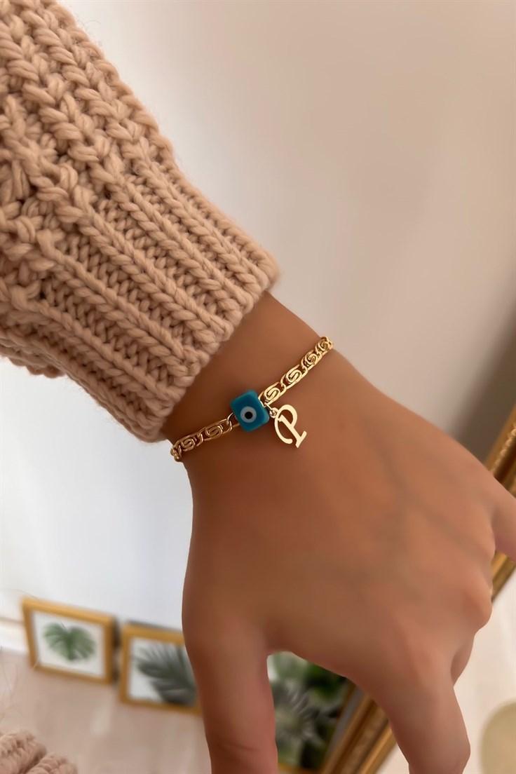 P Harfli ve Nostalji Boncuklu Ezme Zincir Bileklik Gold