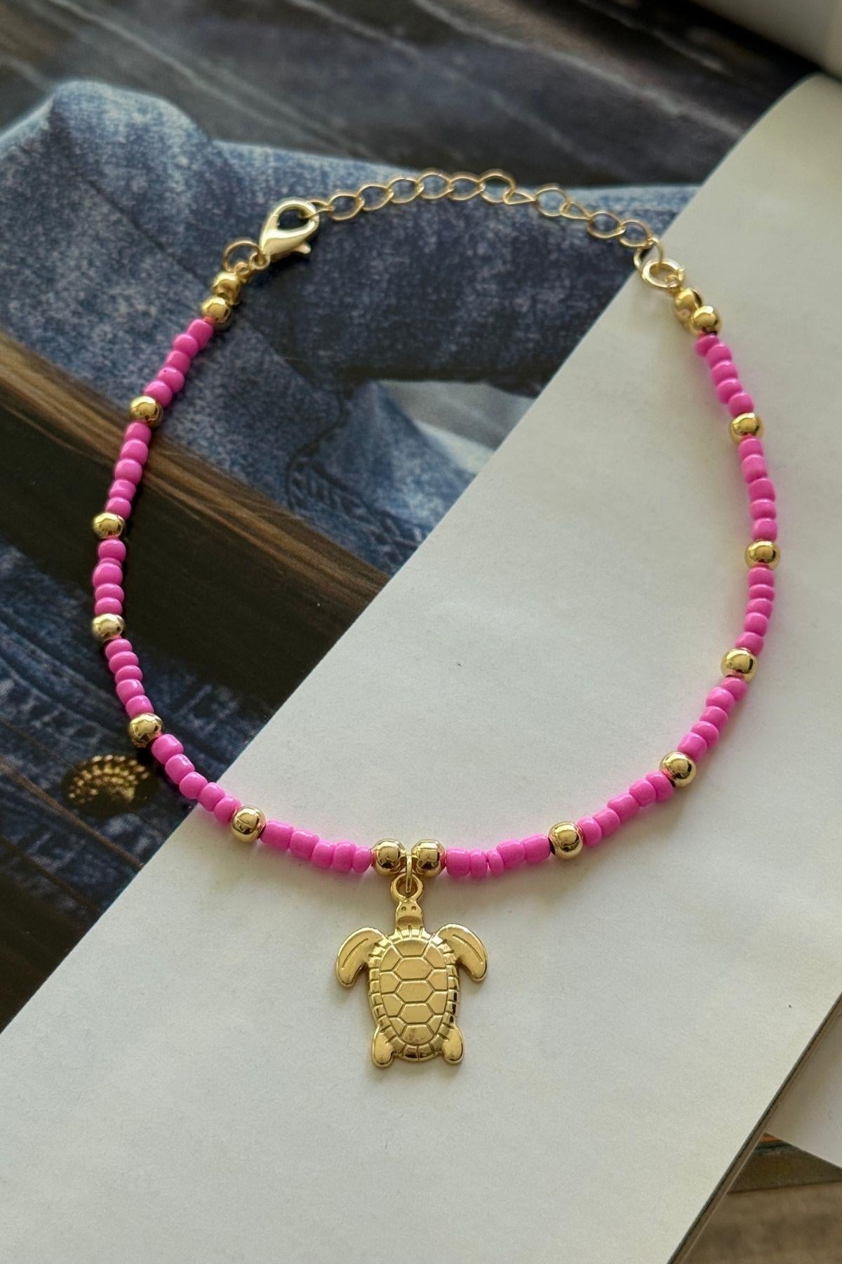 Pembe Boncuklu Kaplumbağa Figürlü Halhal