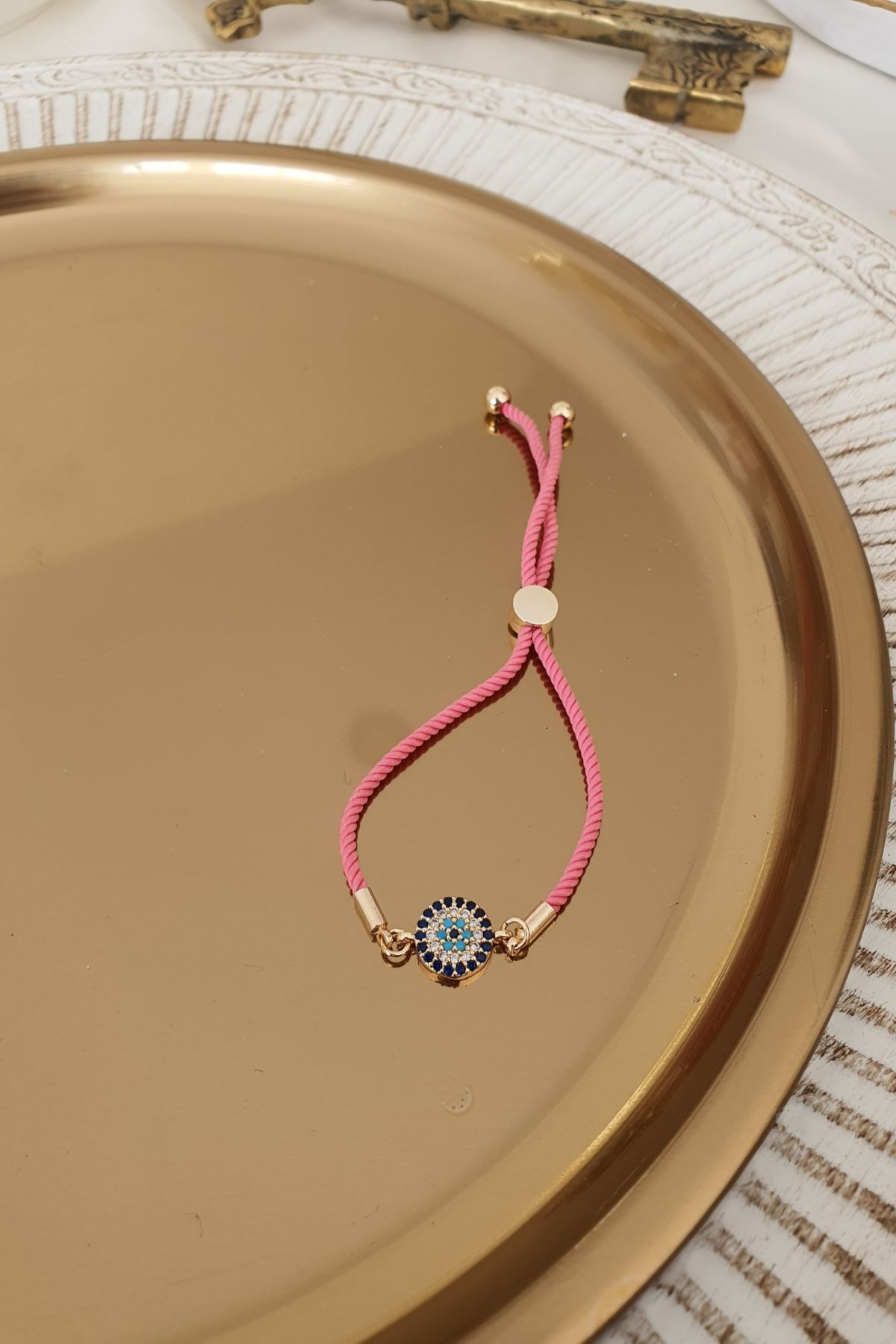 Pembe İpli Asansör Ayarlı Nazar Bileklik Gold