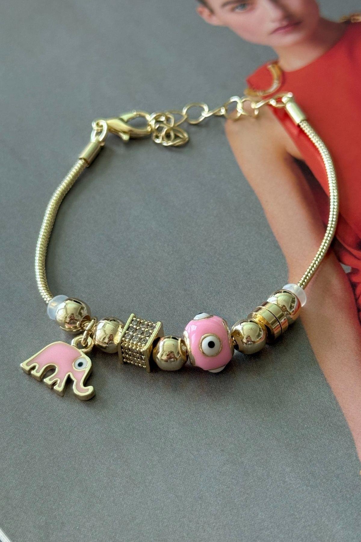 Pembe Mineli Fil Bileklik