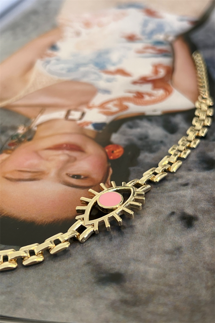 Pembe Mineli Göz Model Ezme Zincir Bileklik Gold