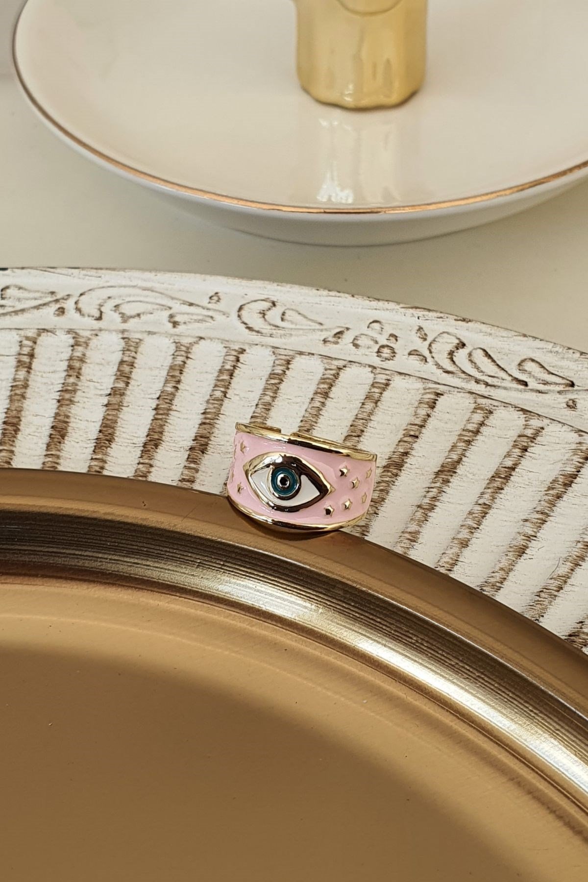 Pembe Mineli Göz Model Yüzük Gold