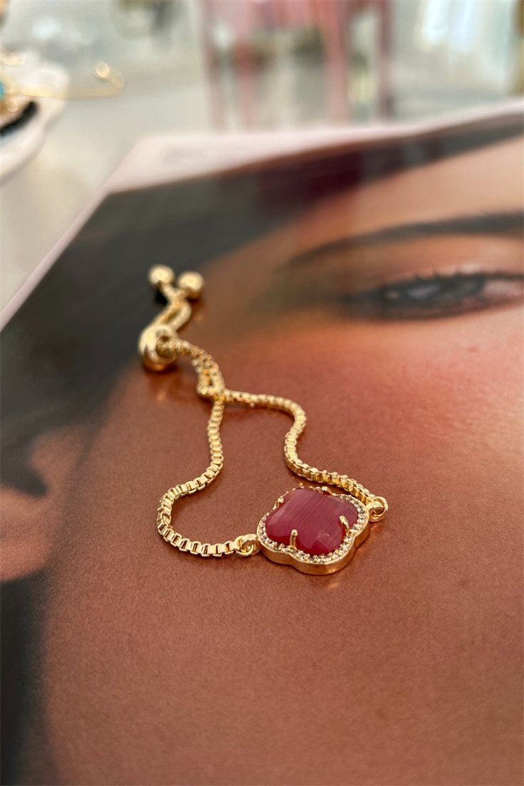 Pembe Renk Yonca Model Asansör Ayarlı Bileklik Gold