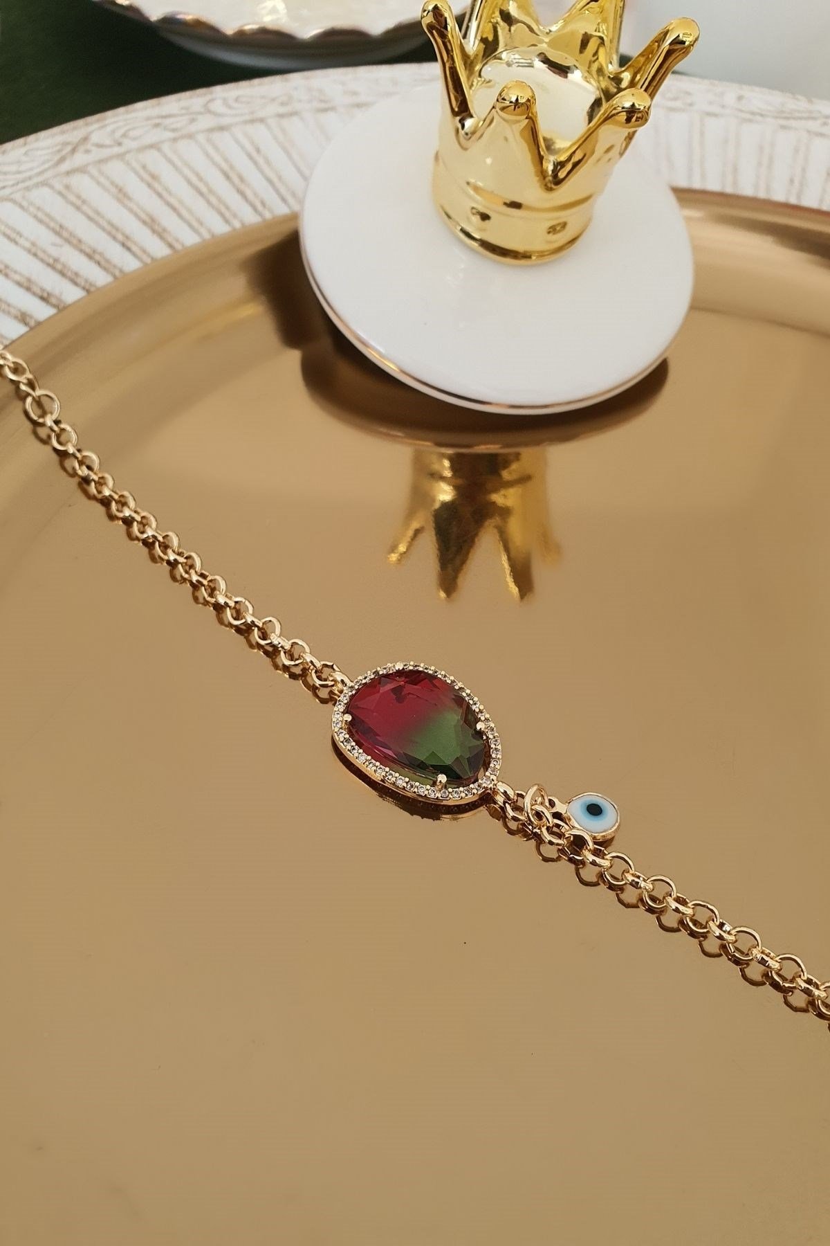 Pembe Yeşil Renk Geçişli Nazar Detaylı Zirkon Taşlı Künye Gold
