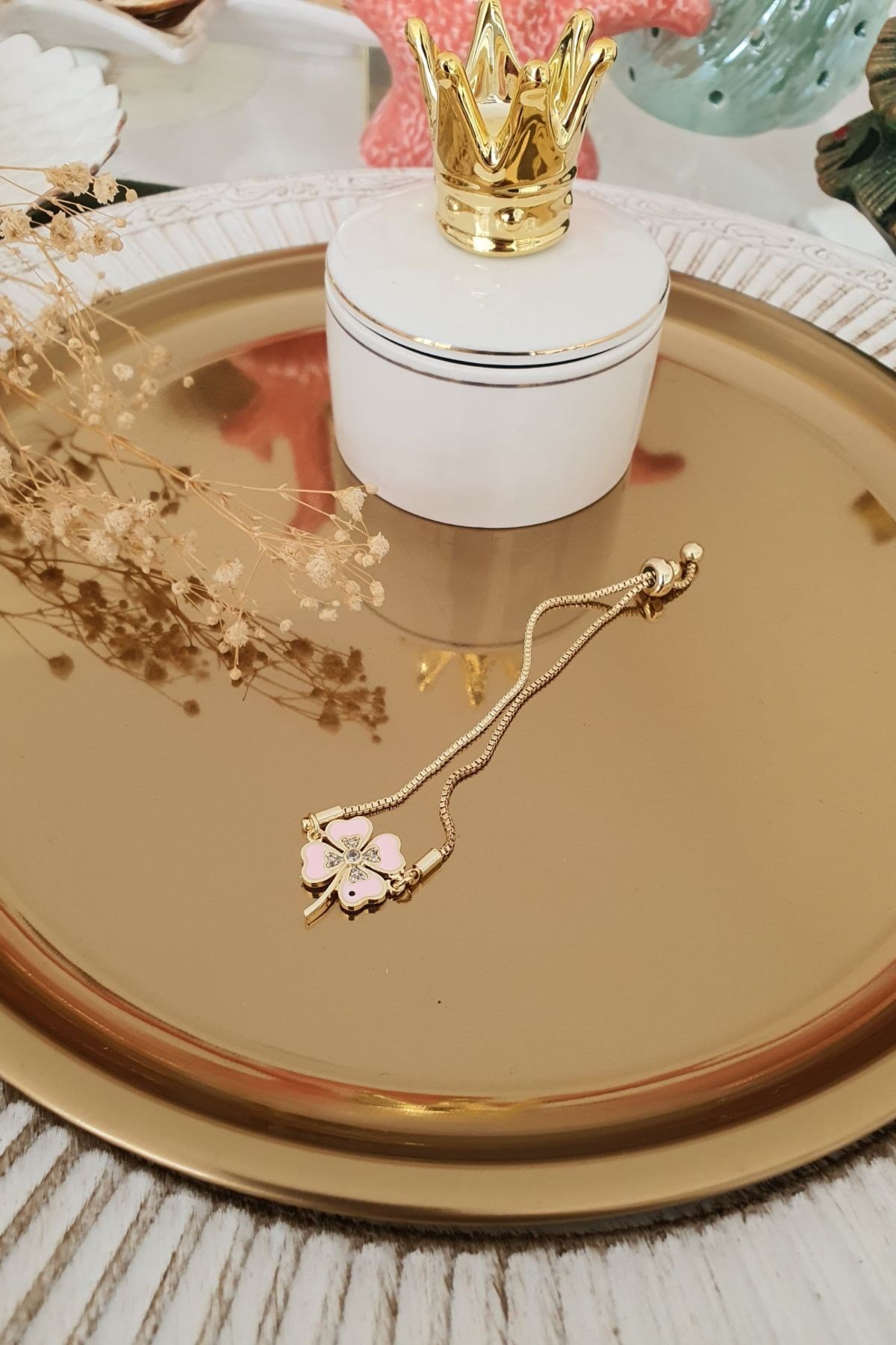 Pembe Yonca Model Asansör Ayarlı Bileklik Gold