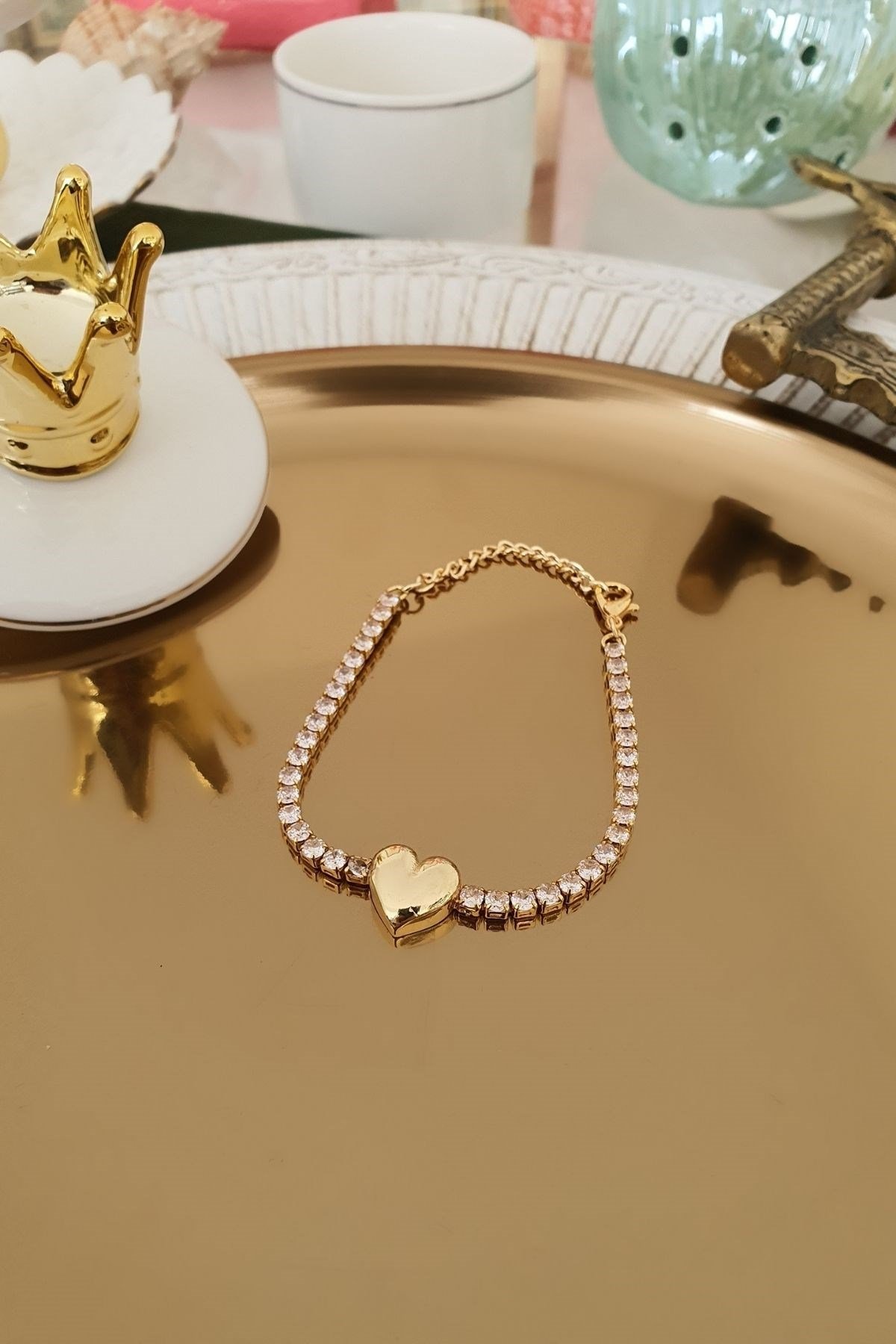 Plaka Kalp Model Suyolu Zirkon Taşlı Künye Gold