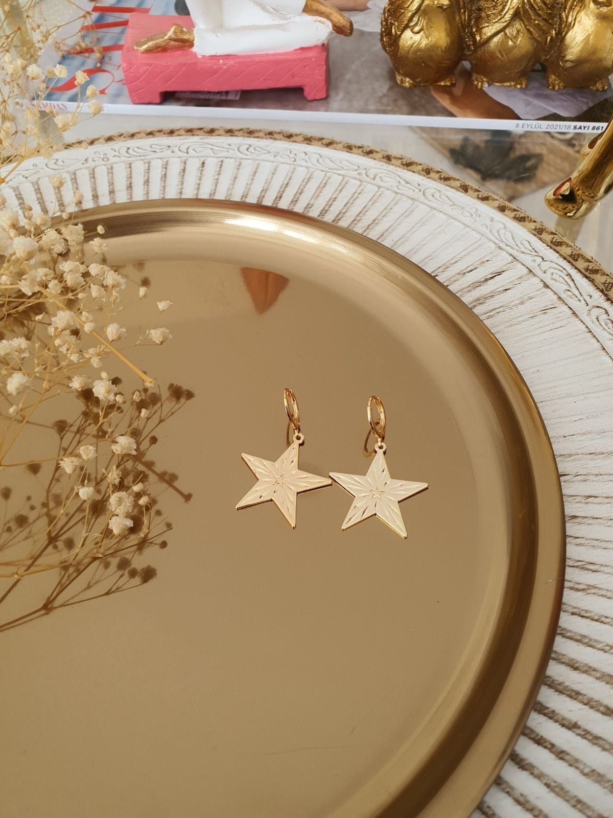 Plaka Yıldız Model Küpe Gold