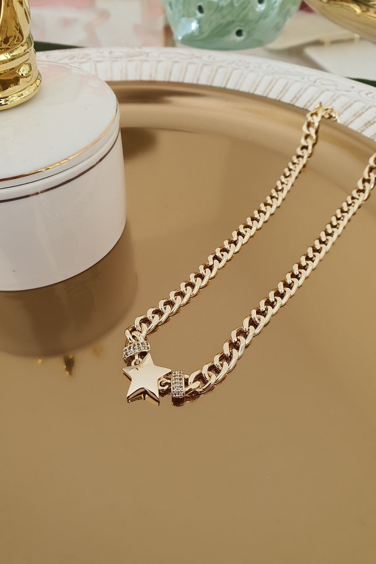Plaka Yıldız Model Zirkon Taşlı Zincir Kolye Gold