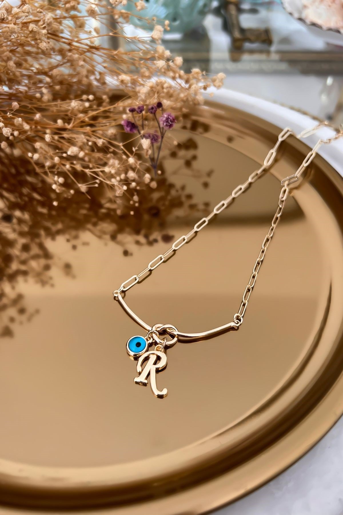 R Harfli ve Nazar Sallantılı Düğüm Kolye Gold