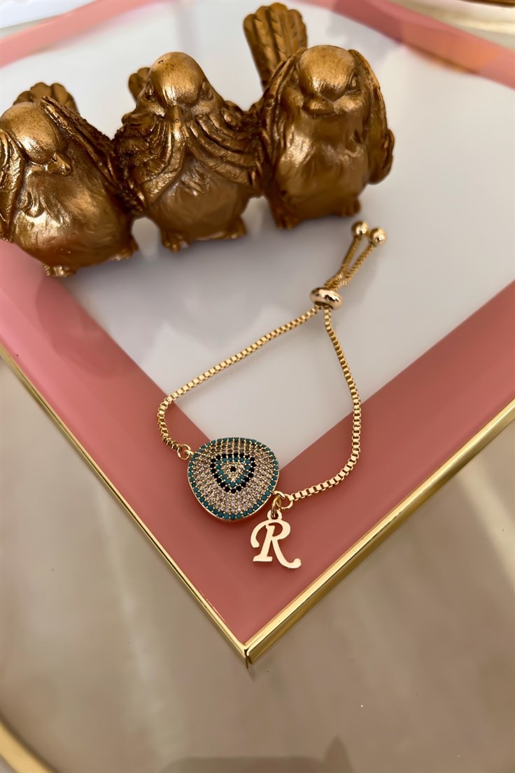 R Harfli Vip Nazar Model Asansör Ayarlı Bileklik Gold