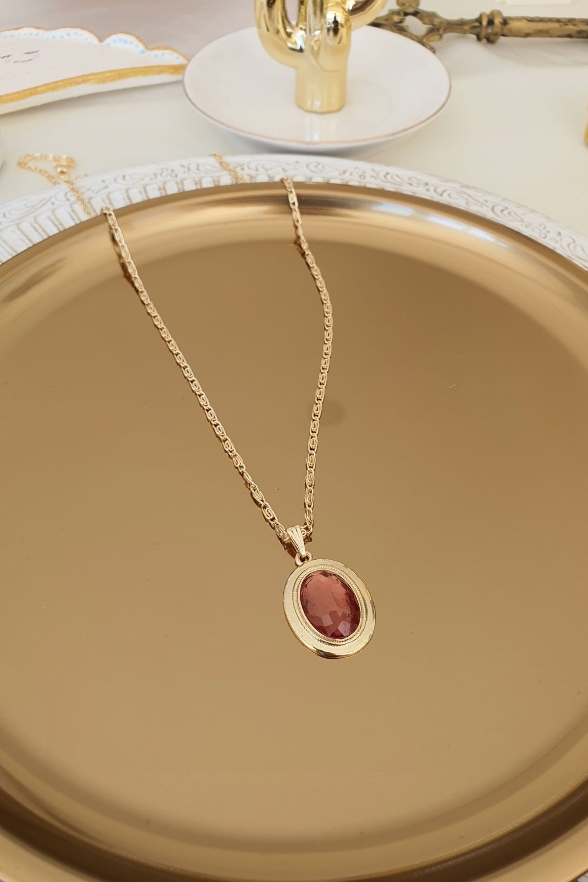 Renk Değiştiren Zultanet Taşlı Oval Kuyumcu Model Kolye Gold