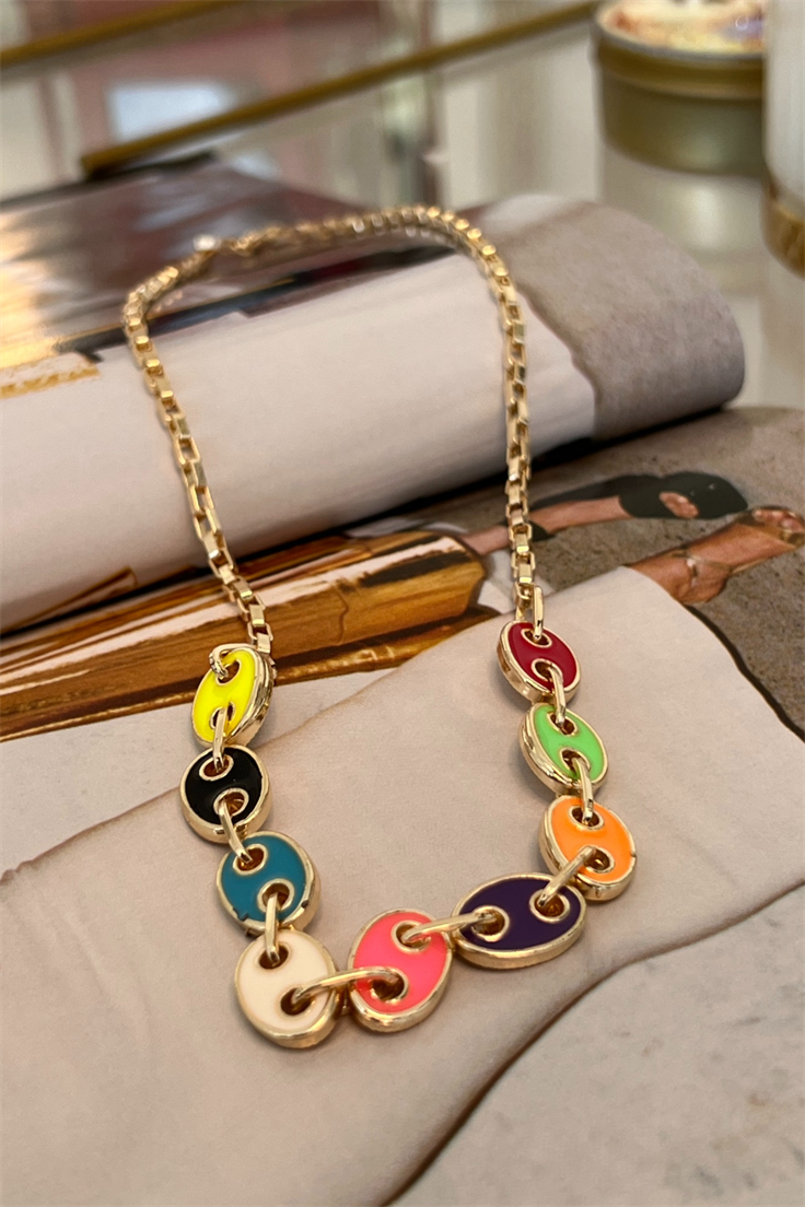 Renkli Mineli Düğme Model Kolye Gold