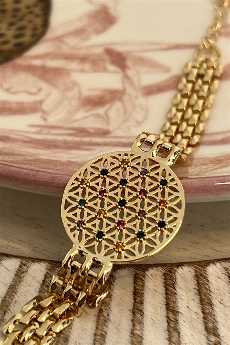 Renkli Zirkon Taş Yaşam Çiçeği Model Ezme Zincirli Bileklik Gold