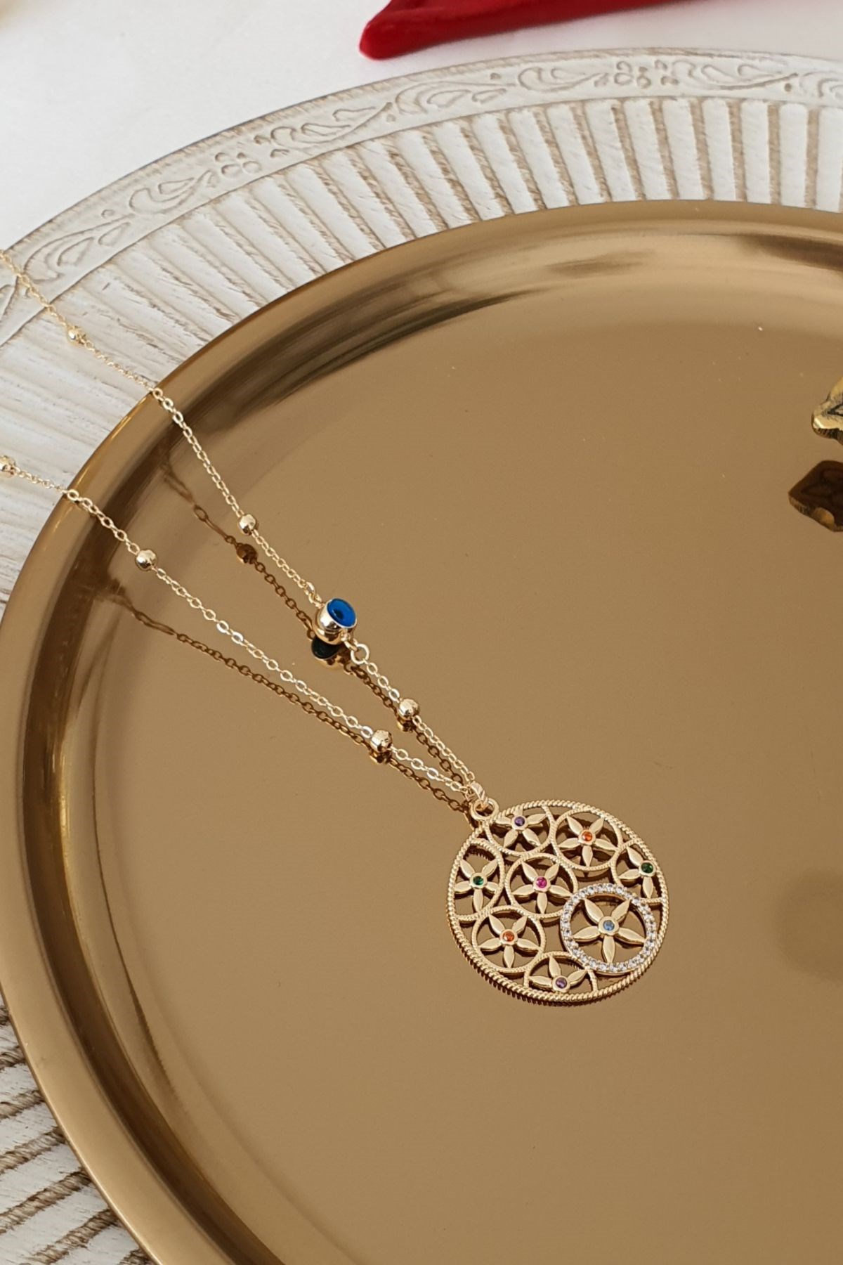 Renkli Zirkon Taşlı Çiçek Model Yaşam Çiçeği Kolye Gold
