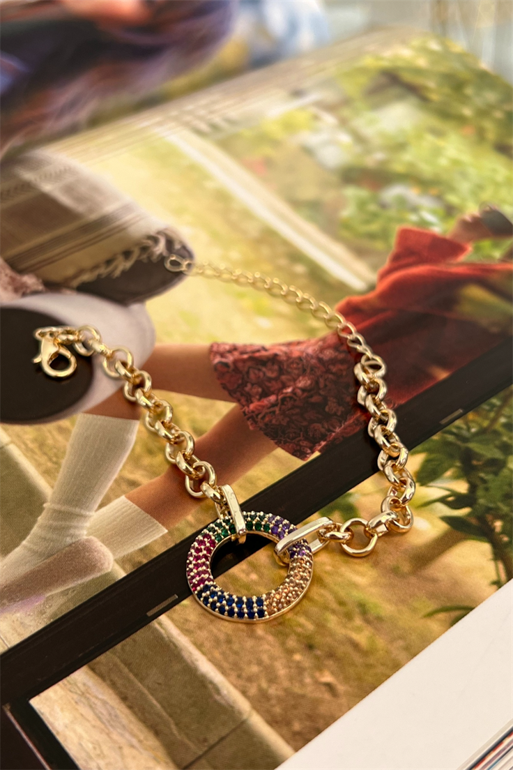 Renkli Zirkon Taşlı Daire Model Künye Gold