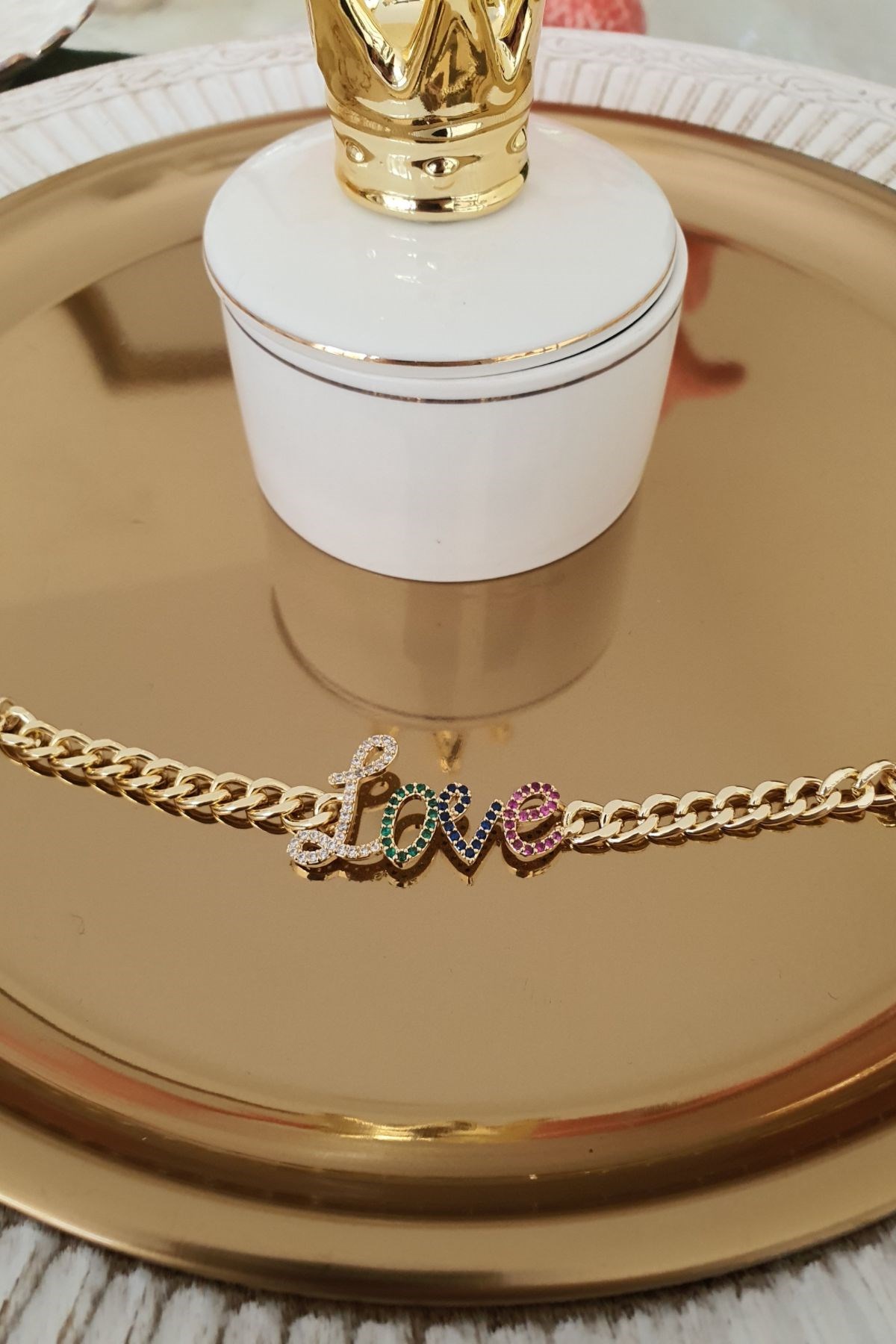 Renkli Zirkon Taşlı Love Yazılı Künye Gold