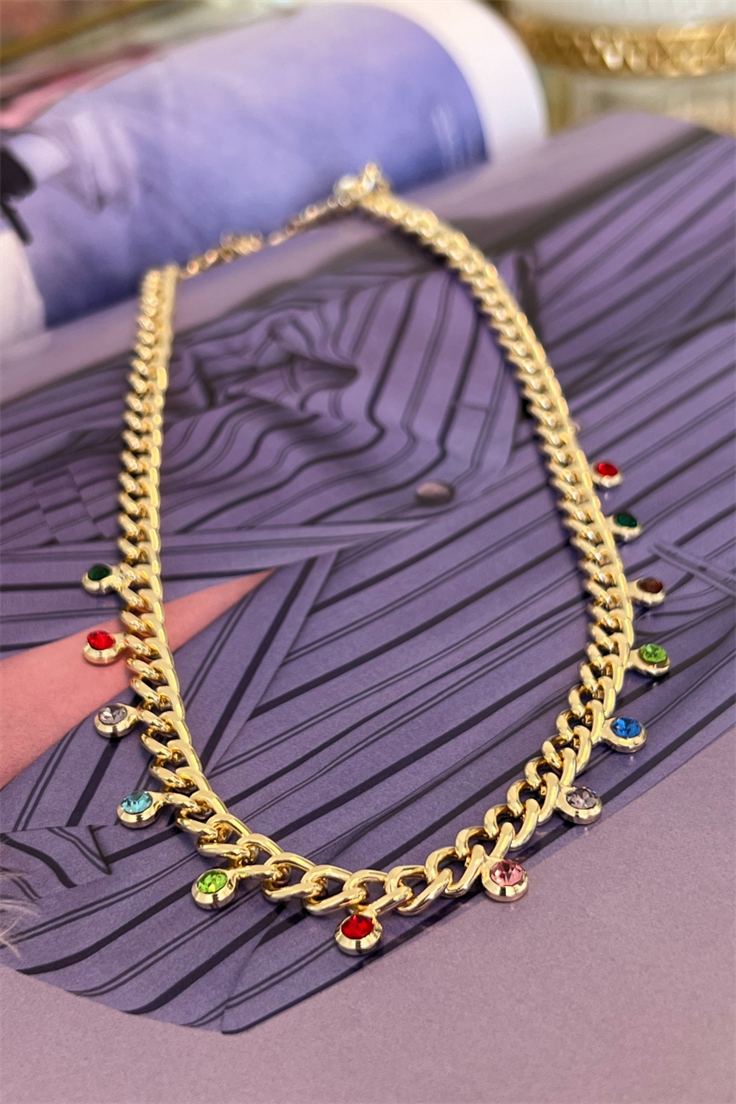 Renkli Zirkon Taşlı Sıralı Kolye Gold