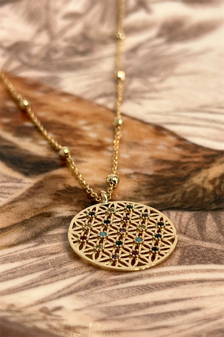 Renkli Zirkon Taşlı Yaşam Çiçeği Kolye Gold