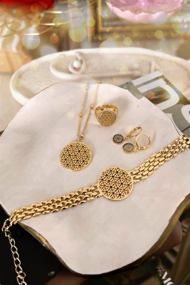Renkli Zirkon Taşlı Yaşam Çiçeği Set Gold