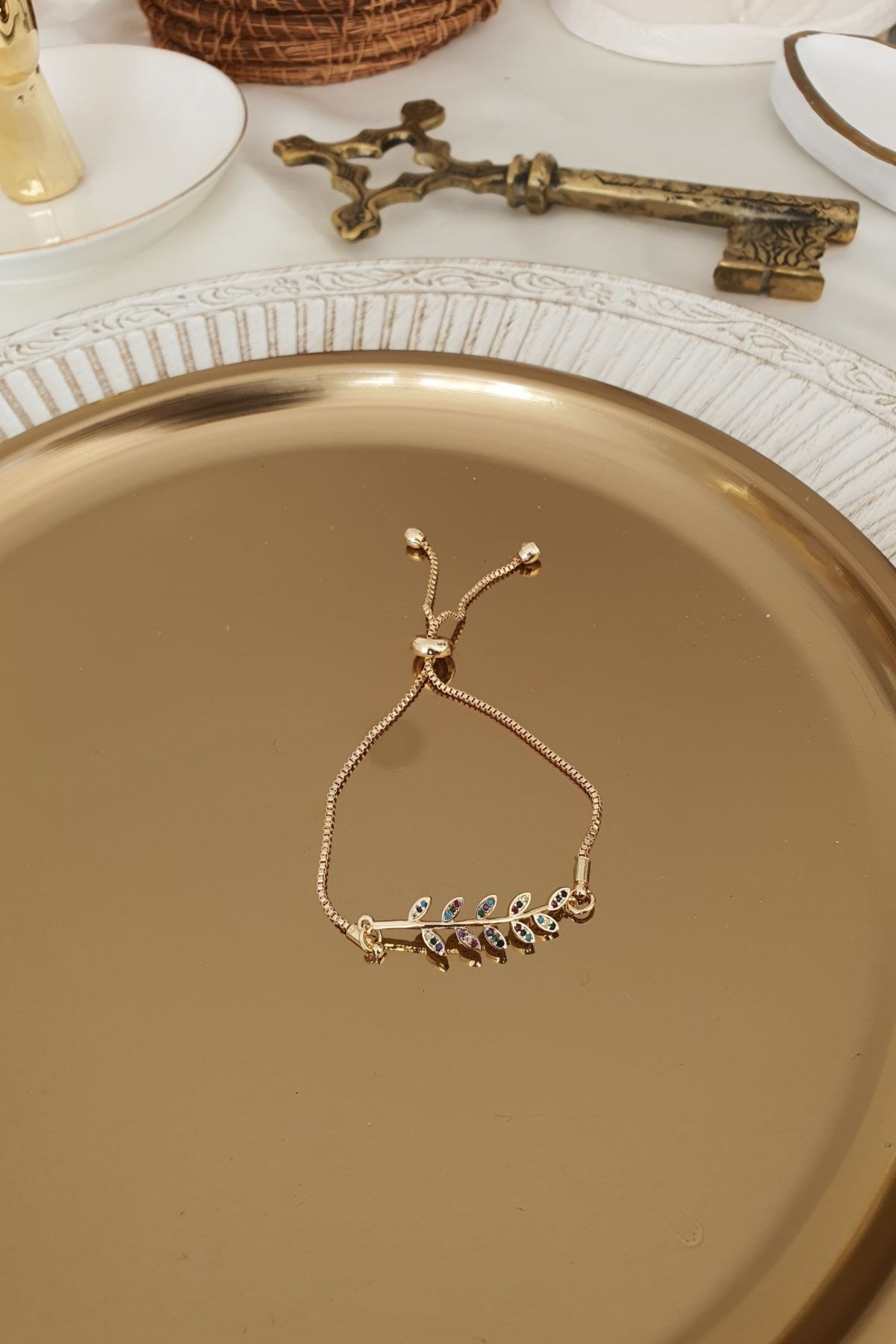 Renkli Zirkon Taşlı Zeytin Dalı Model Asansör Ayarlı Bileklik Gold