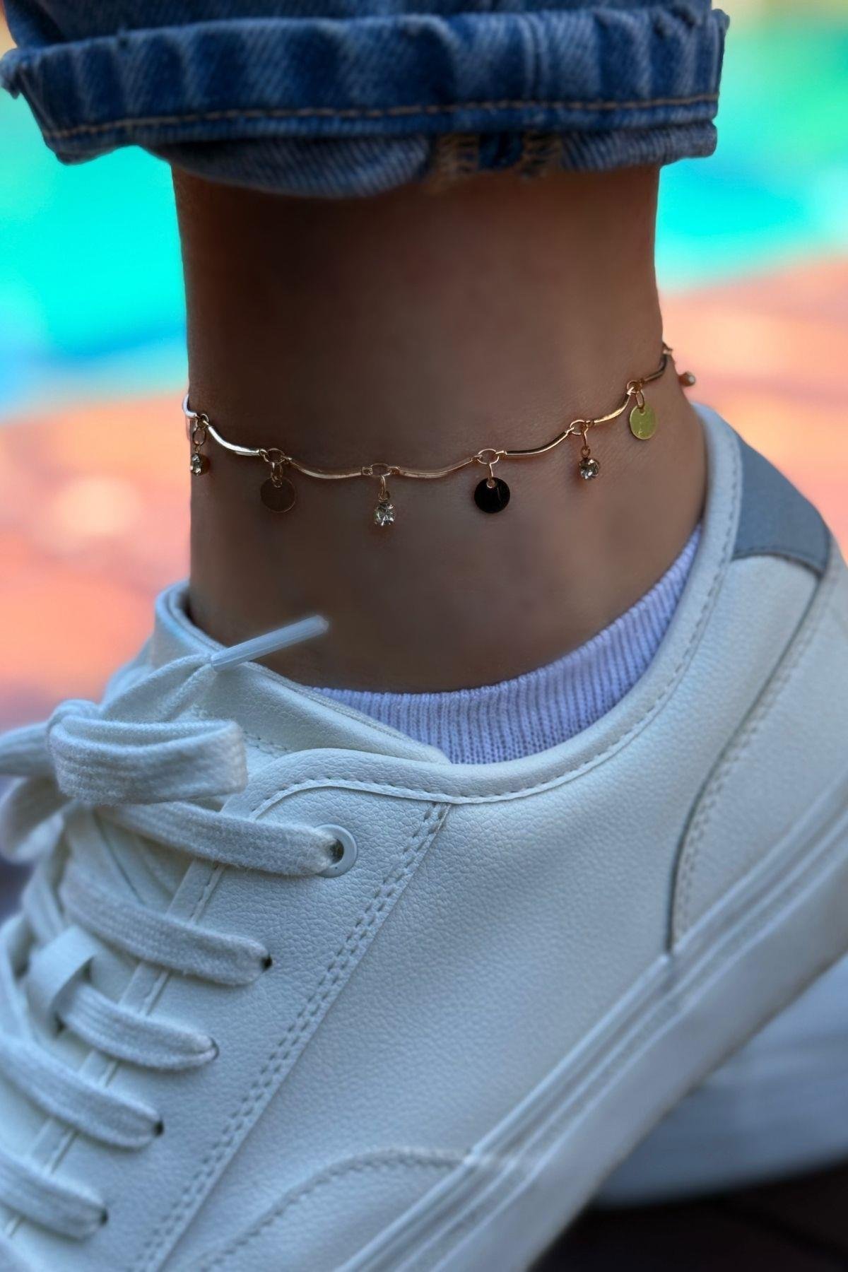 Rosegold Zirkon Taşlı ve Pul Sallantılı Halhal