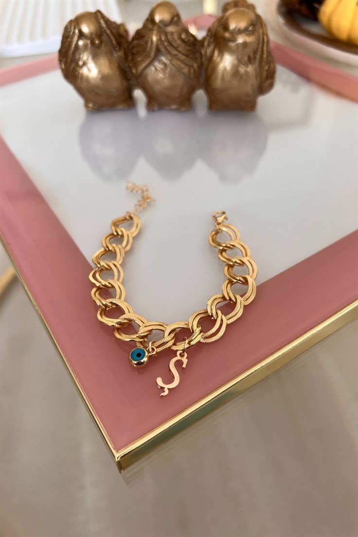 Ş Harfli Nazar Sallantılı Çift Zincir Bileklik Gold