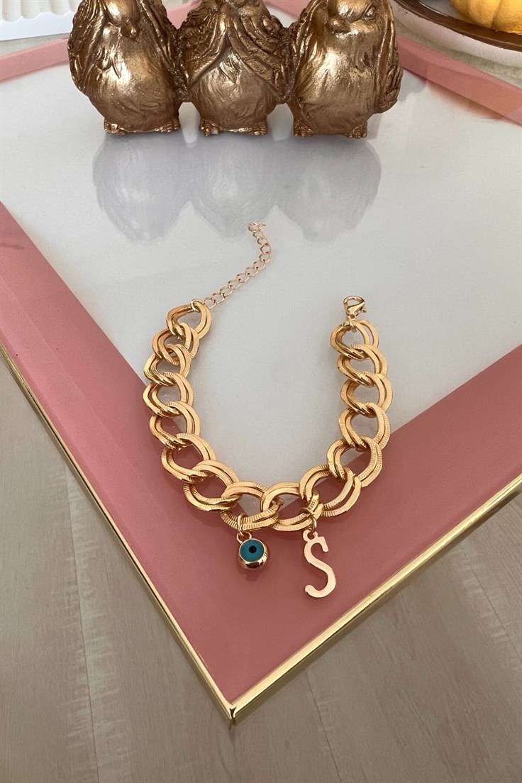 S Harfli Nazar Sallantılı Çift Zincir Bileklik Gold