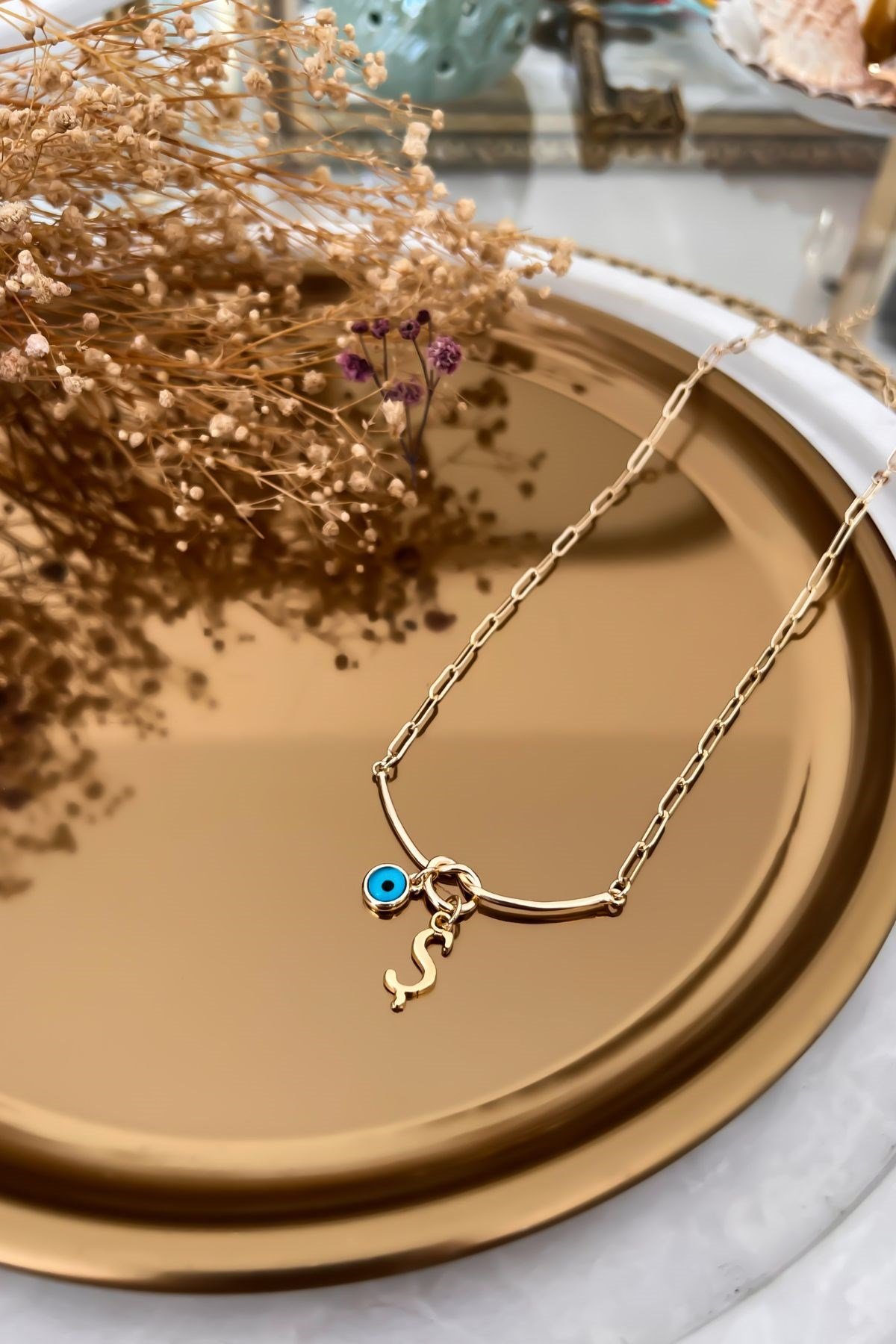 Ş Harfli ve Nazar Sallantılı Düğüm Kolye Gold