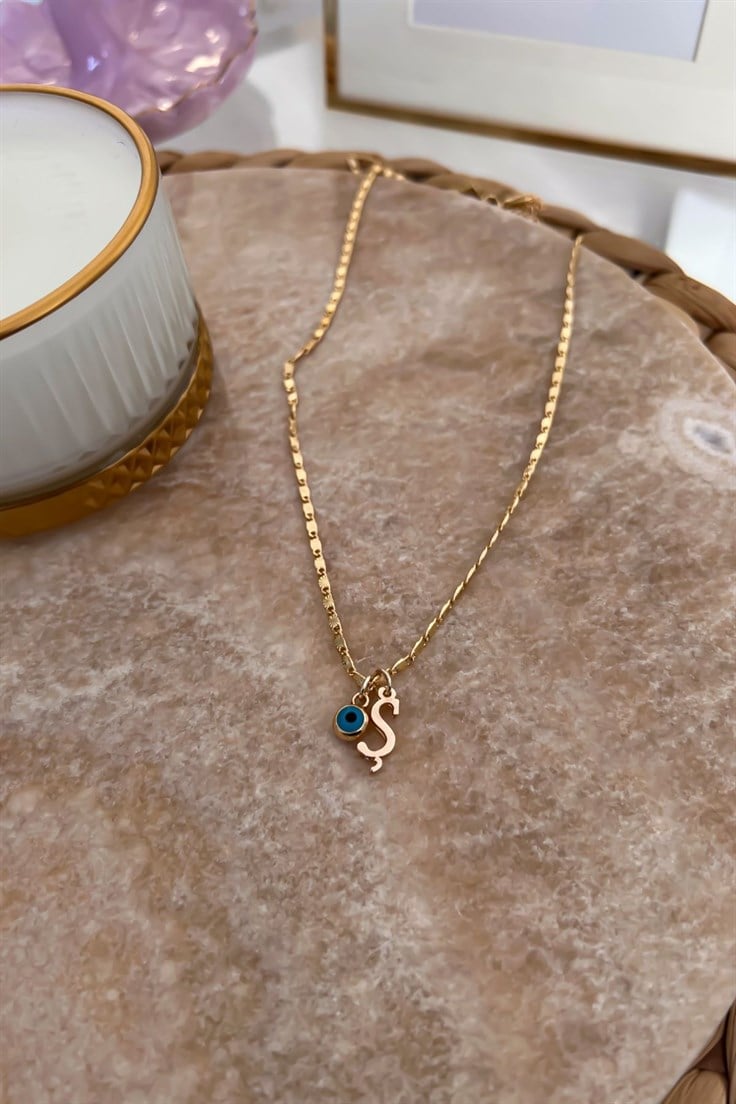 Ş Harfli ve Nazar Sallantılı İnce Zincirli Kolye Gold
