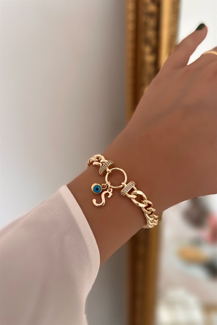 S Harfli ve Nazar Sallantılı Zirkon Taşlı Halka Bileklik Gold