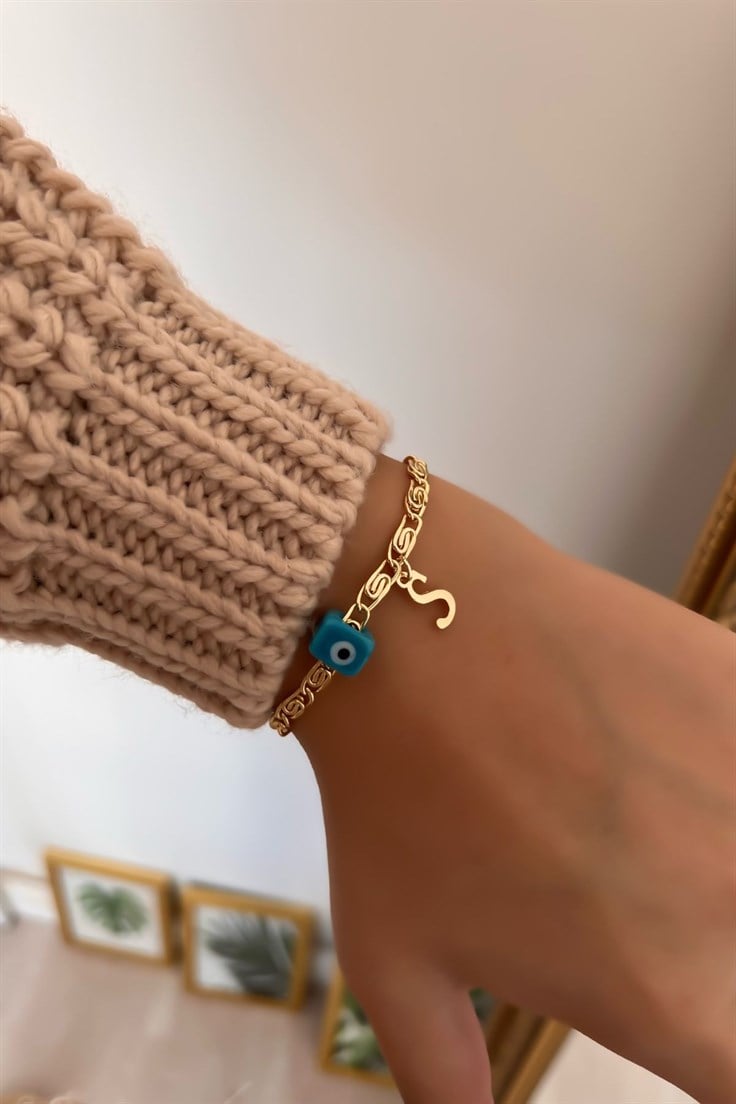 S Harfli ve Nostalji Boncuklu Ezme Zincir Bileklik Gold