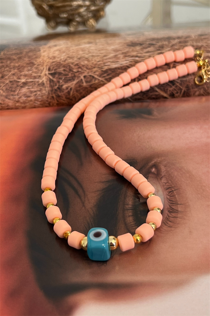 Şeftali Renk Fimo Hamurlu Nazar Kolye Gold