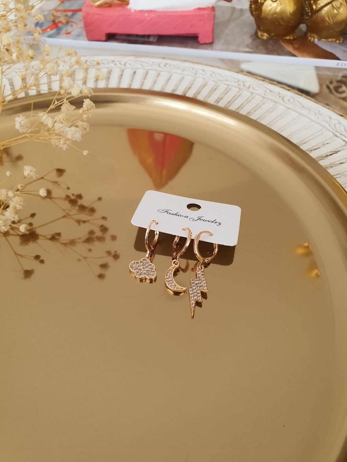 Şimşek Ay Ve Bulut Model Set Küpe Gold