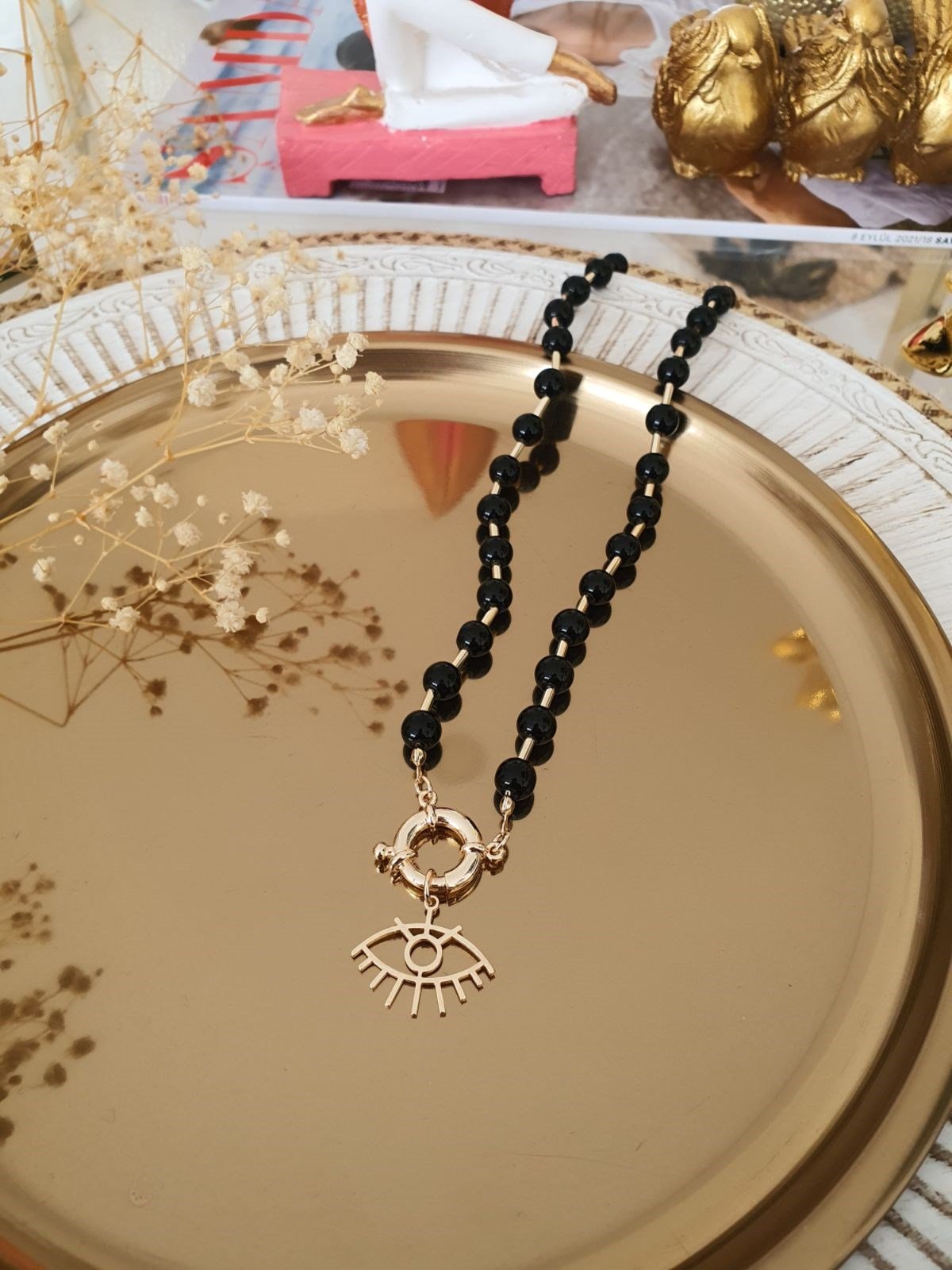 Siyah Boncuk Sıralı Göz Model Kolye Gold