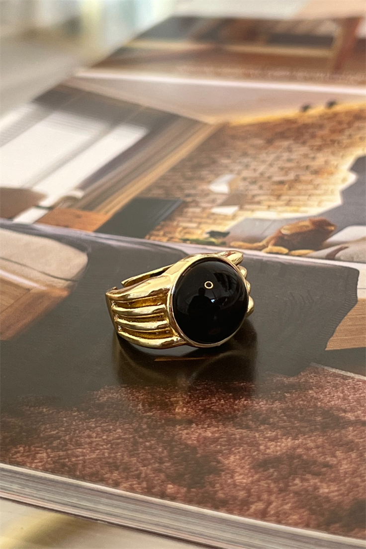 Siyah İnci Model Şeritli Yüzük Gold