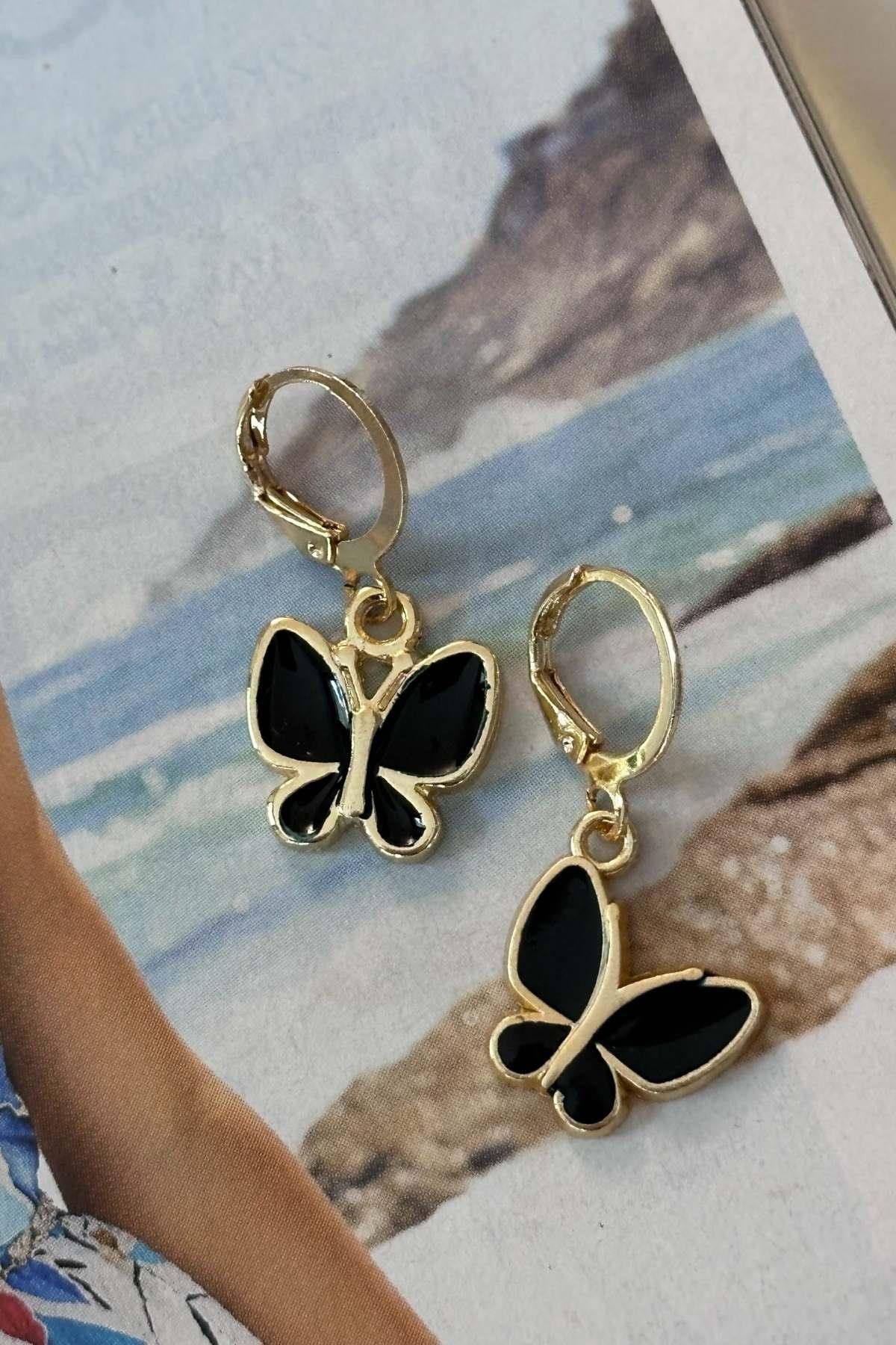 Siyah Mineli Kelebek Küpe