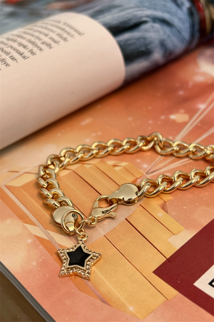 Siyah Mineli Yıldız Model Önden Kilitli Bileklik Gold