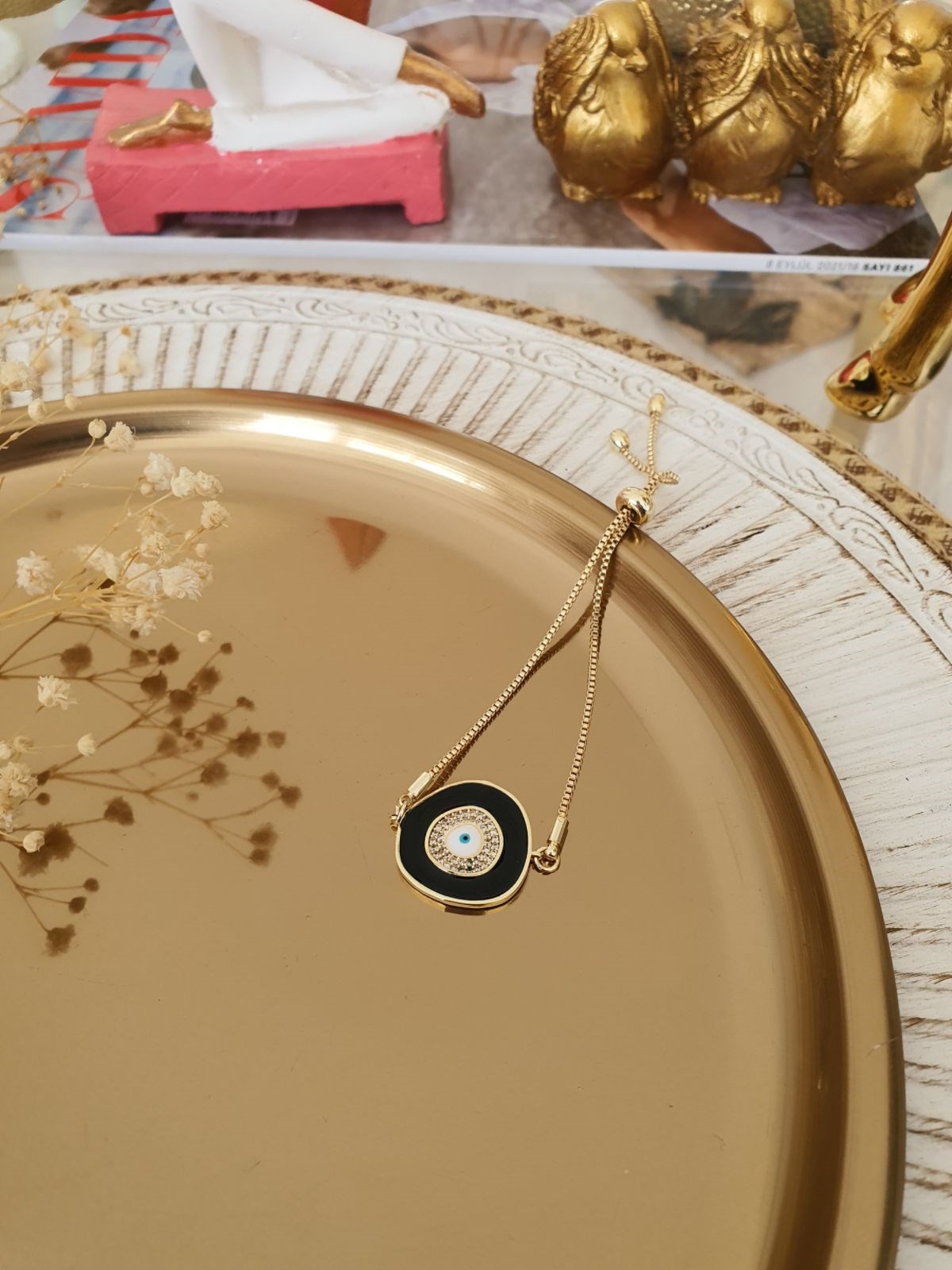 Siyah Renk Nazar Model Asansör Ayarlı Bileklik Gold
