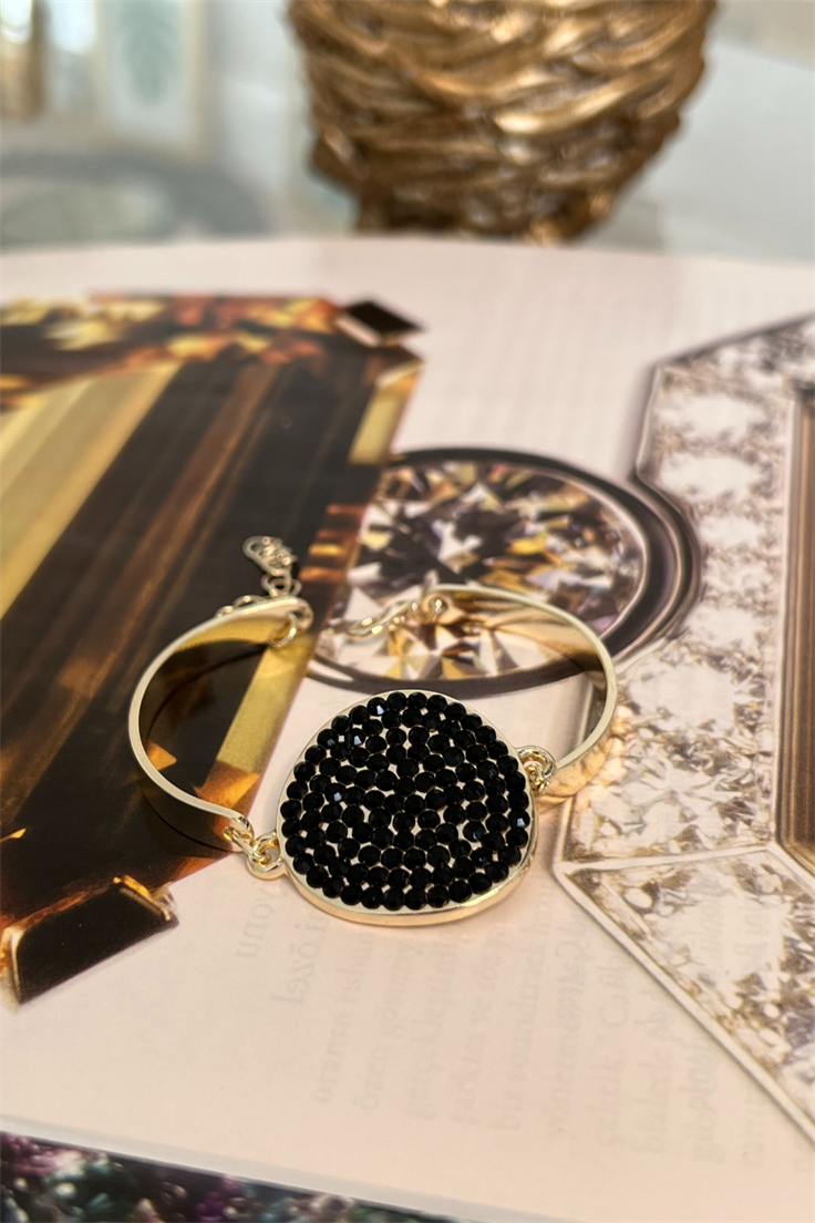 Siyah Zirkon Taşlı Daire Model Yanları Plaka Model Bileklik Gold