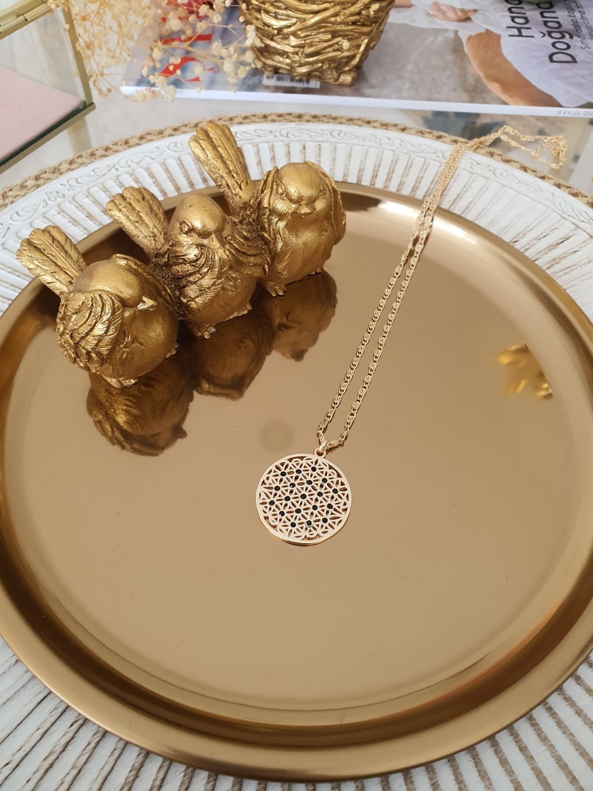 Siyah Zirkon Taşlı Yaşam Çiçeği Kolye Gold