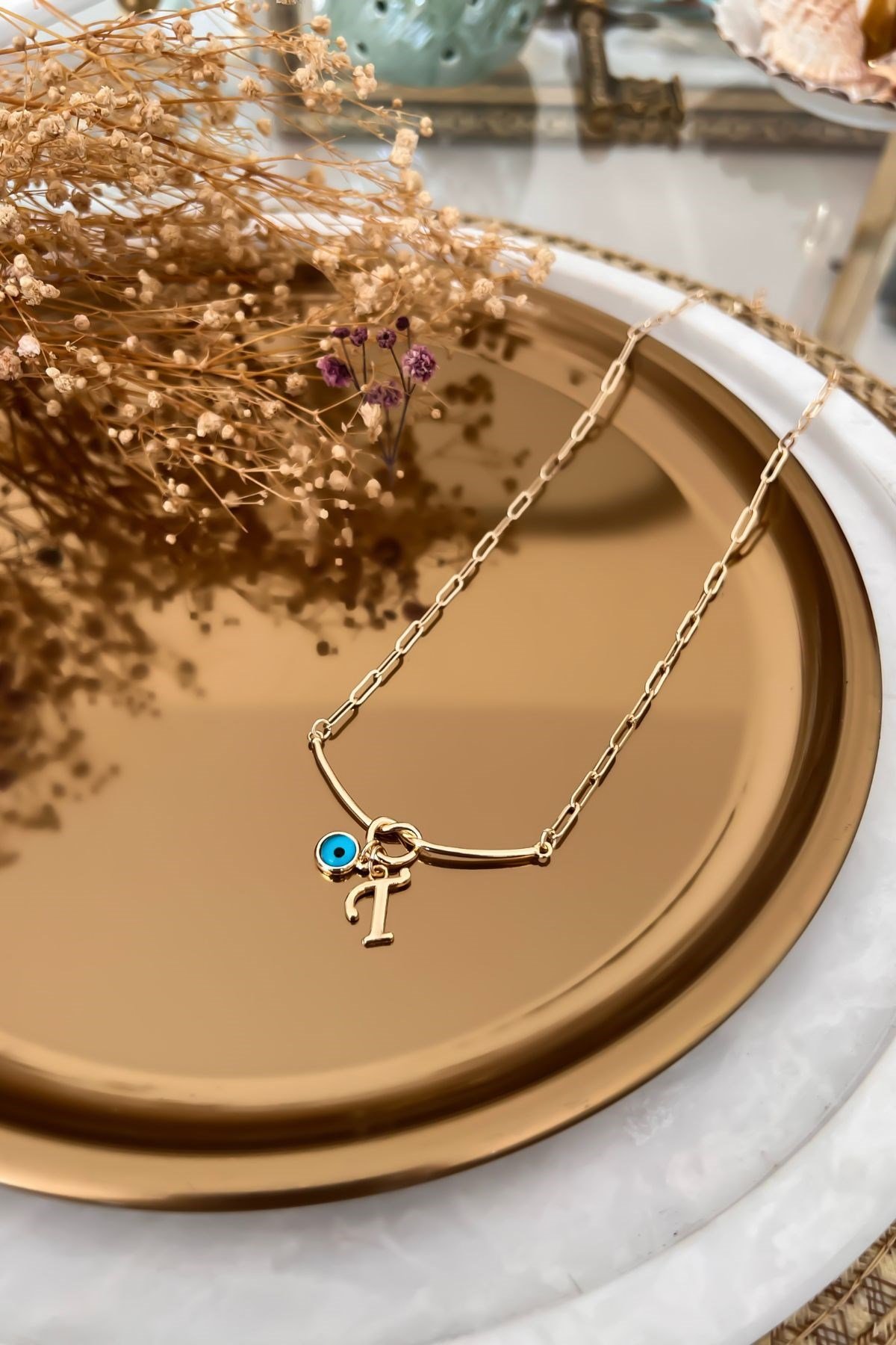 T Harfli ve Nazar Sallantılı Düğüm Kolye Gold